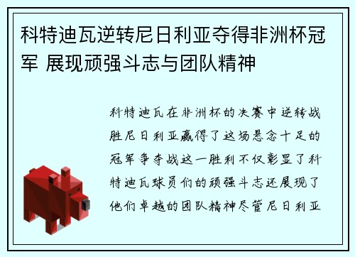 科特迪瓦逆转尼日利亚夺得非洲杯冠军 展现顽强斗志与团队精神 科特迪瓦逆转尼日利亚夺得非洲杯冠军 展现顽强斗志与团队精神